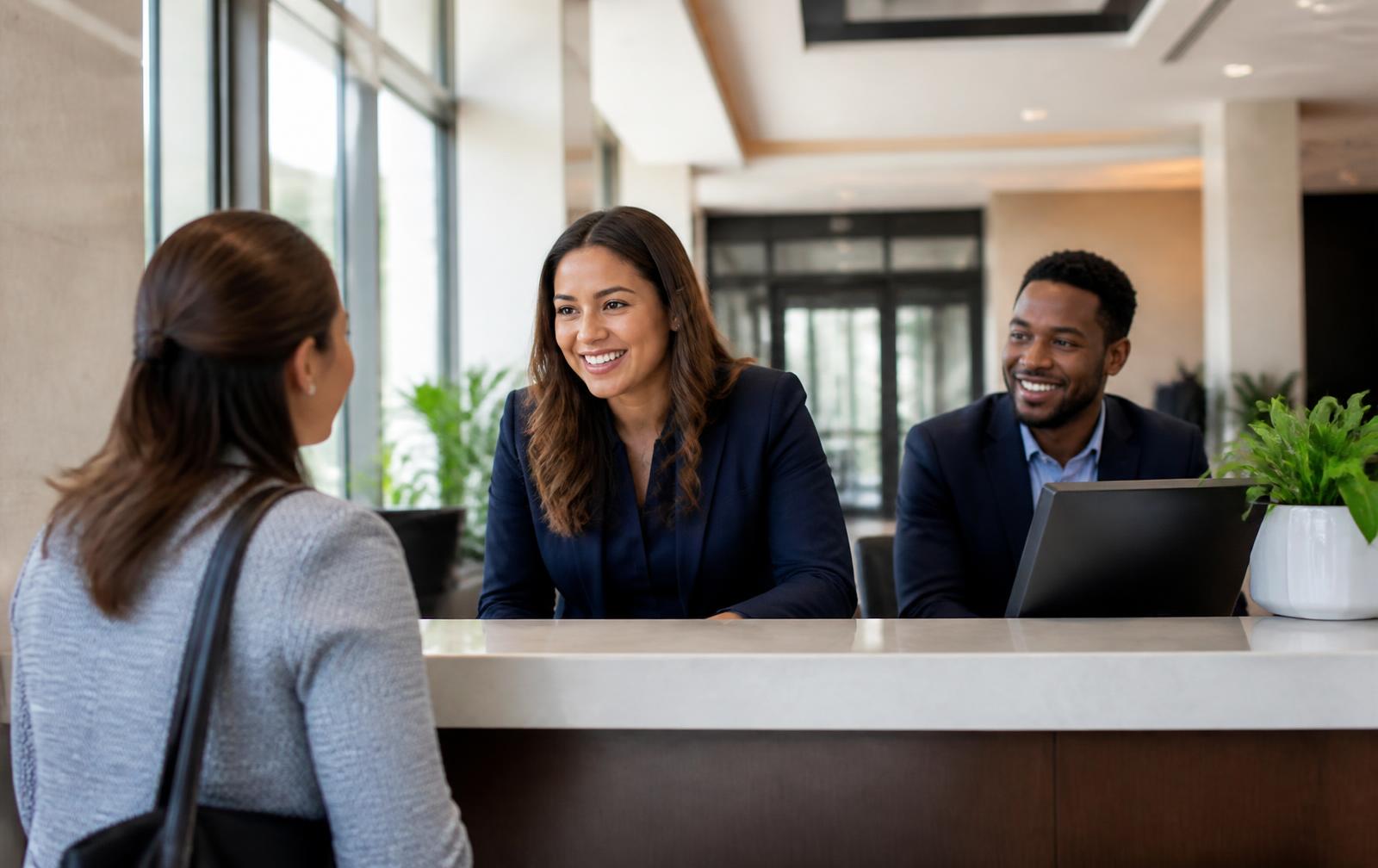 ShoreCreditCorp banking team welcoming a customer at the Fremont front desk