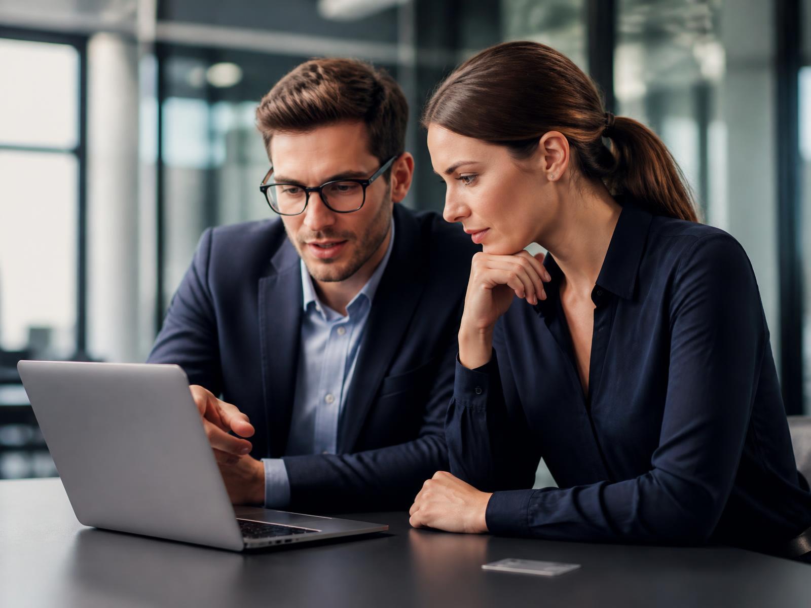 Two colleagues reviewing corporate card spending on a laptop
