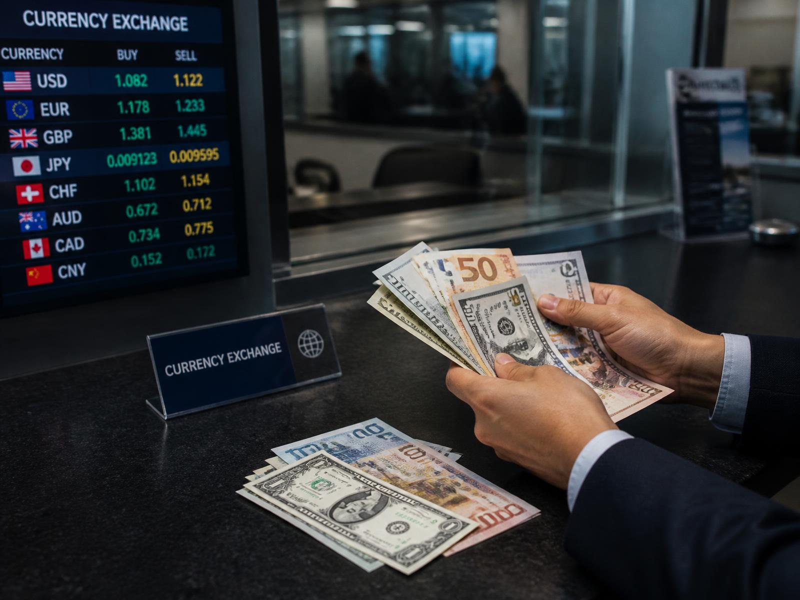 Foreign currency exchange counter with a live rate board