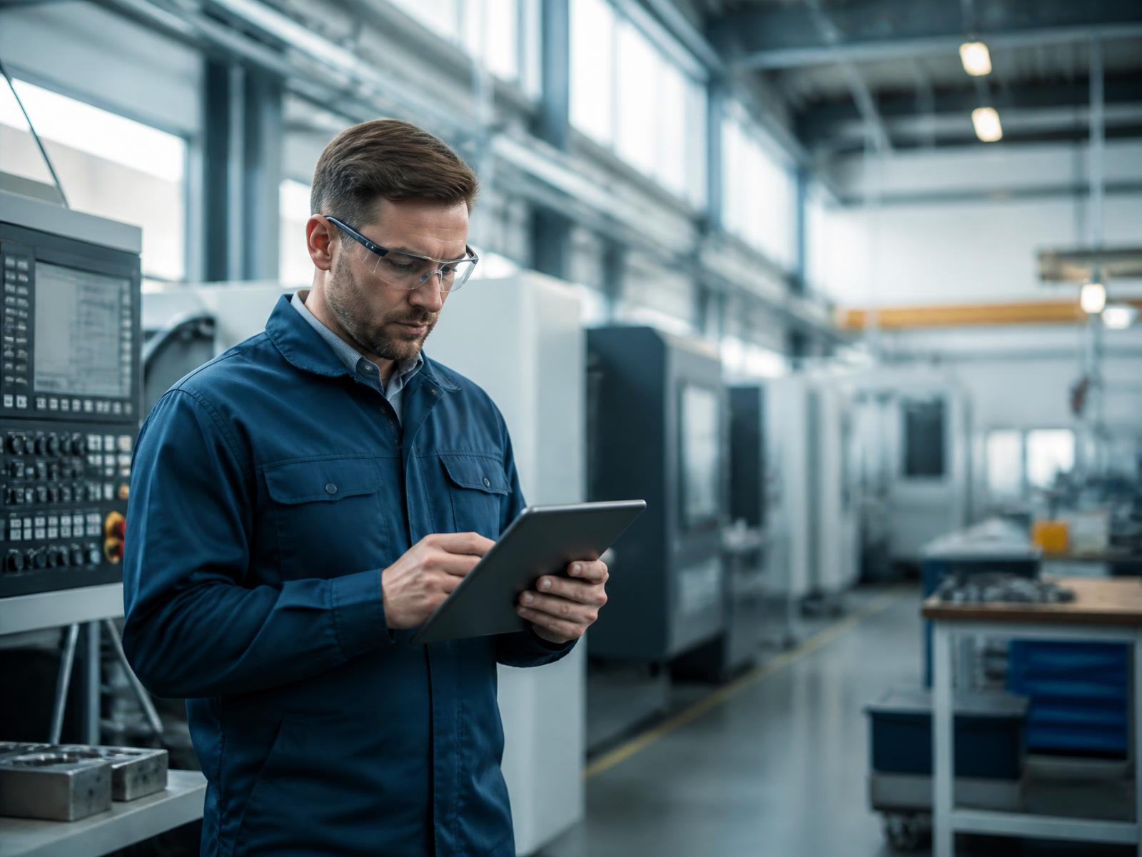 Technician reviewing production machinery on a manufacturing floor