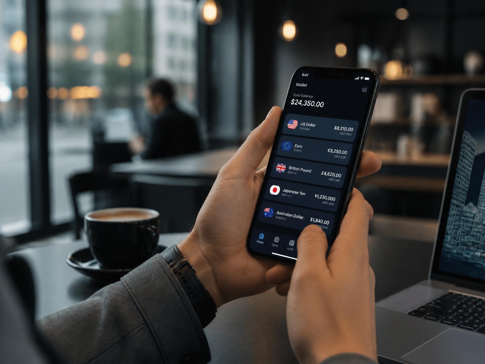 Person using a multi currency wallet on a mobile banking app