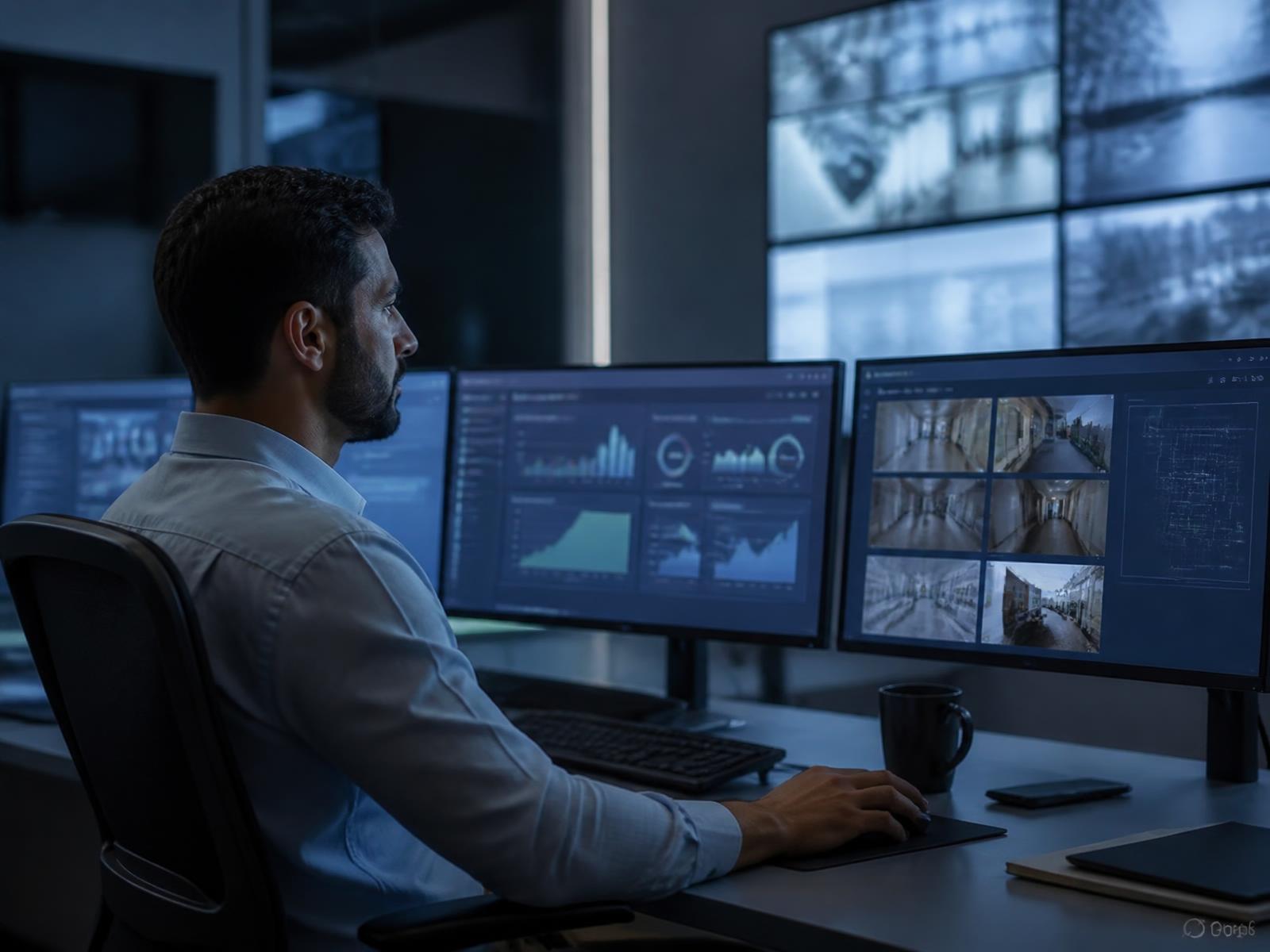 Security engineer reviewing access and monitoring dashboards